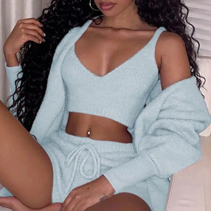 Womens Clothing Long Sleeve Crop Tank Top And Drawstring Shorts Pajama Set