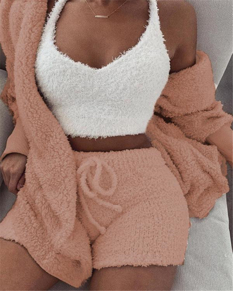 Womens Clothing Long Sleeve Crop Tank Top And Drawstring Shorts Pajama Set