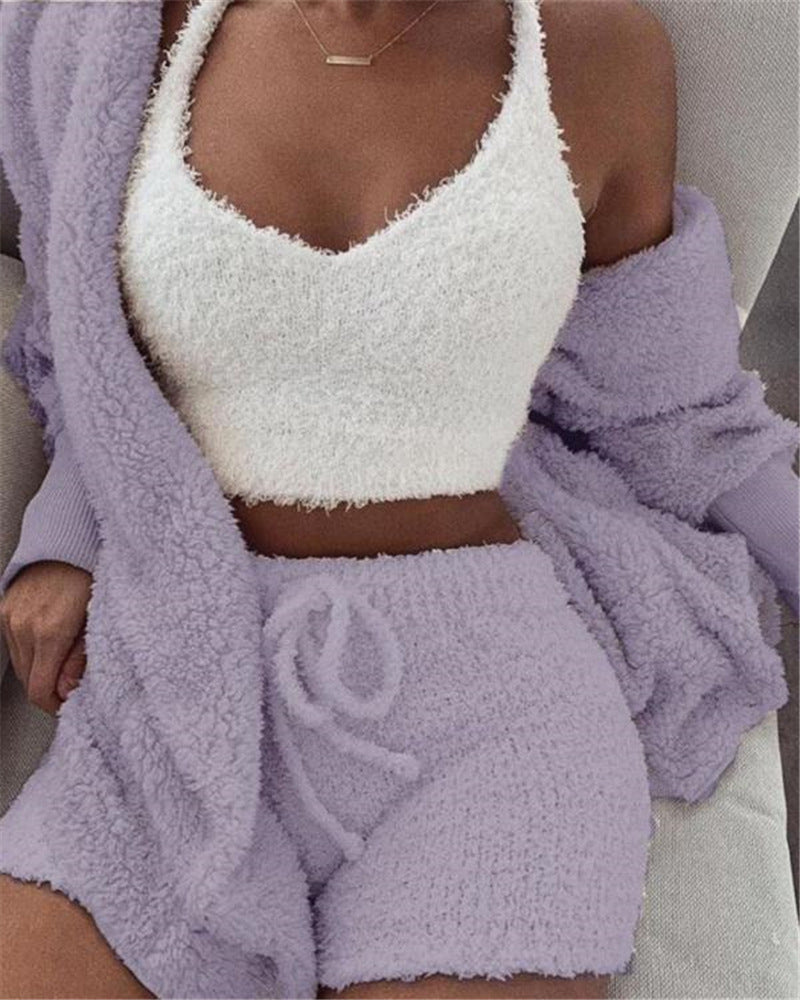 Womens Clothing Long Sleeve Crop Tank Top And Drawstring Shorts Pajama Set