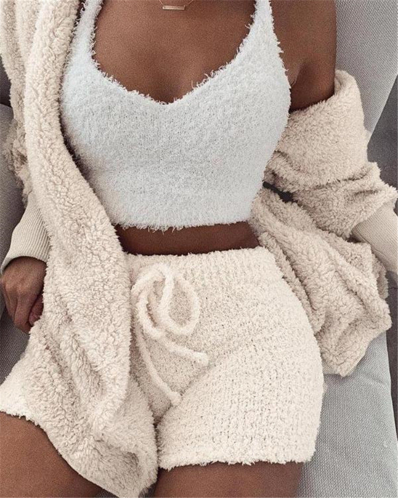 Womens Clothing Long Sleeve Crop Tank Top And Drawstring Shorts Pajama Set