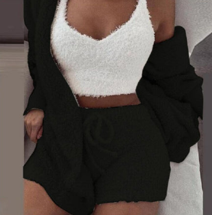 Womens Clothing Long Sleeve Crop Tank Top And Drawstring Shorts Pajama Set